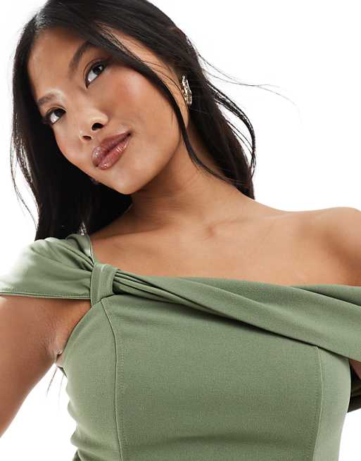 TFNC Petite Bridesmaid Fallen Shoulder Maxi Dress With Split In Dark Green