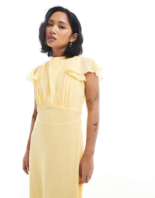 TFNC Petite Bridesmaid Flutter Sleeve Cowl Back Chiffon Maxi Dress In Lemon