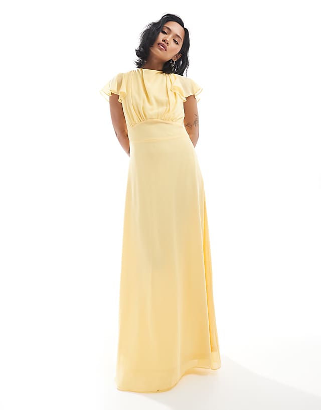 TFNC Petite Bridesmaid Flutter Sleeve Cowl Back Chiffon Maxi Dress In Lemon