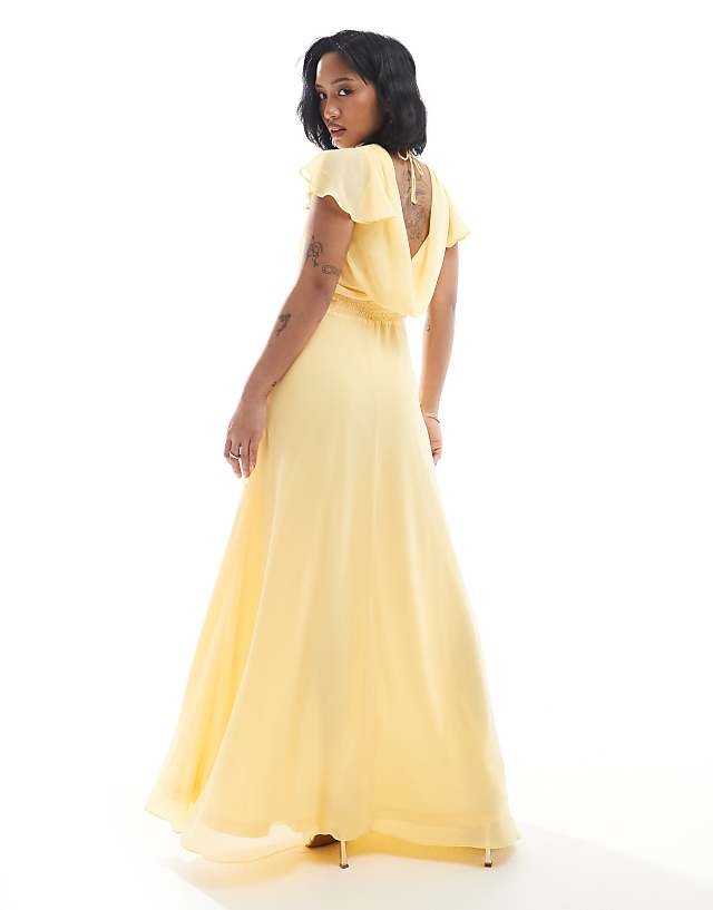 TFNC Petite Bridesmaid flutter sleeve cowl back chiffon maxi dress in lemon