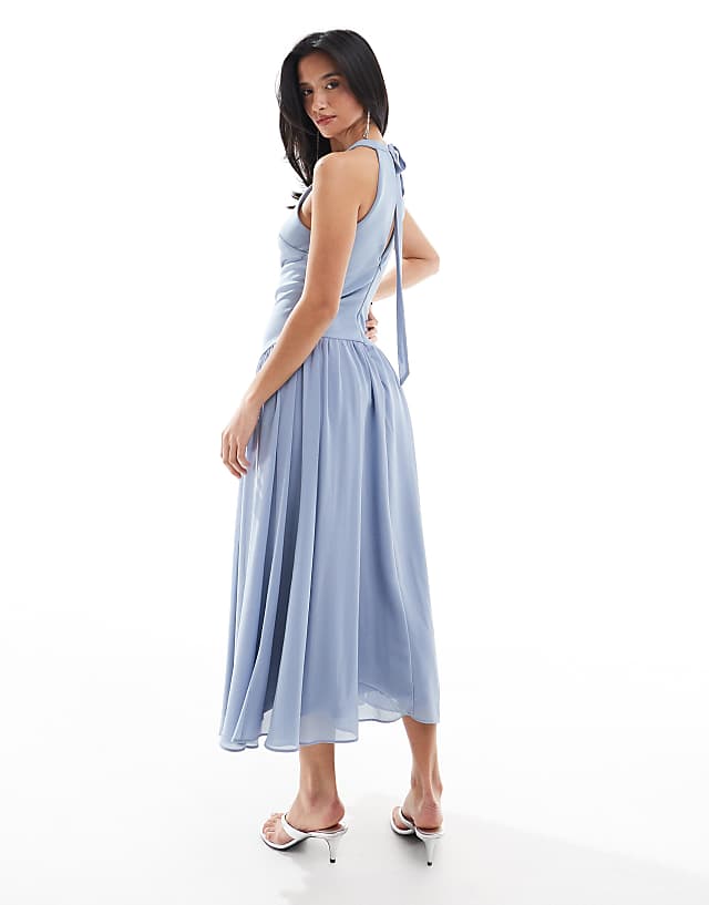 TFNC Petite Bridesmaid High Neck Maxi Dress With Full Skirt In Dusty Blue