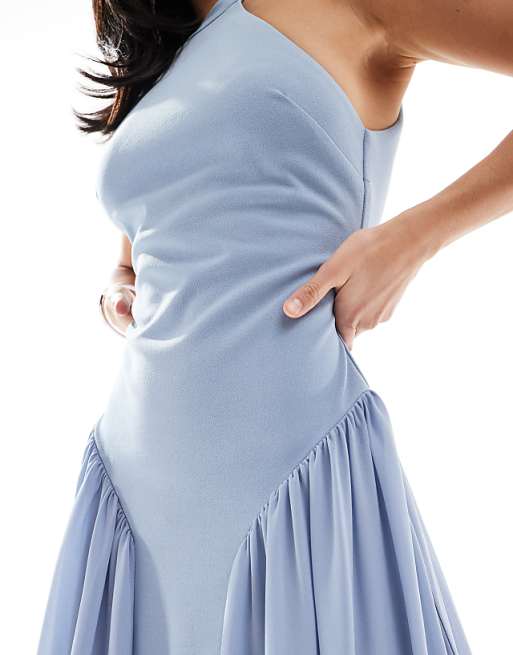 TFNC Petite Bridesmaid High Neck Maxi Dress With Full Skirt In Dusty Blue