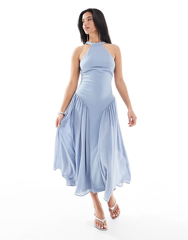 TFNC Petite Bridesmaid high neck maxi dress with full skirt in dusty blue