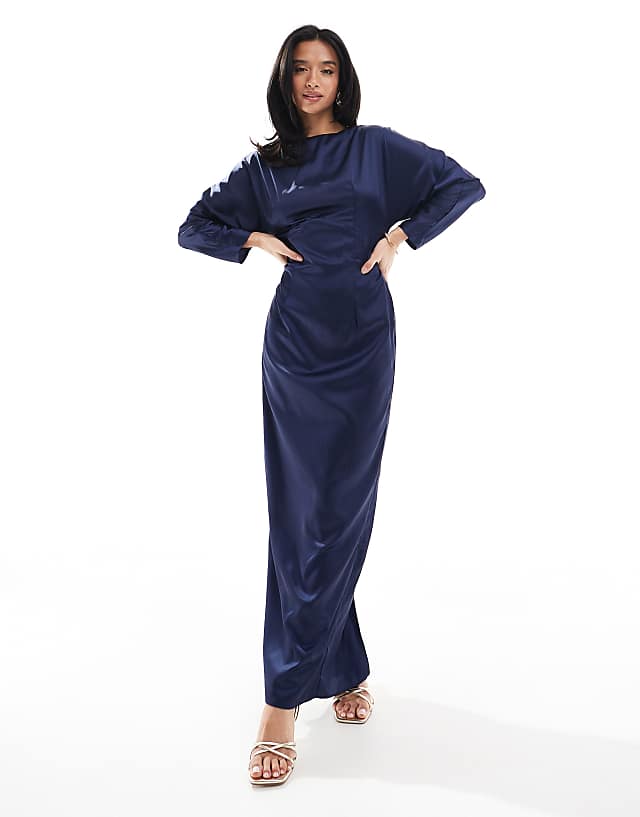 TFNC Petite Bridesmaid Long Sleeve Satin Cowl Back Maxi Dress In Navy