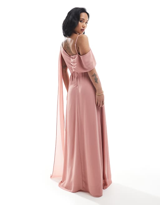TFNC Petite Bridesmaid One Shoulder Drape Maxi Dress With Wrap Skirt In Dusky Pink