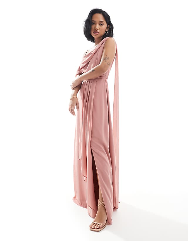 TFNC Petite Bridesmaid one shoulder drape maxi dress with wrap skirt in dusky pink