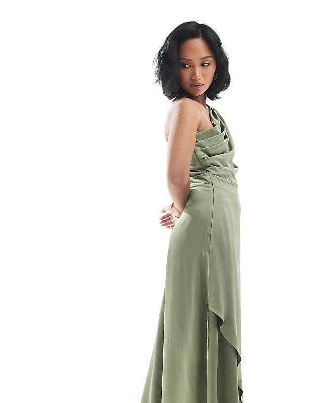 TFNC Petite Bridesmaid One Shoulder Satin Maxi Dress With Wrap Skirt In Dark Green