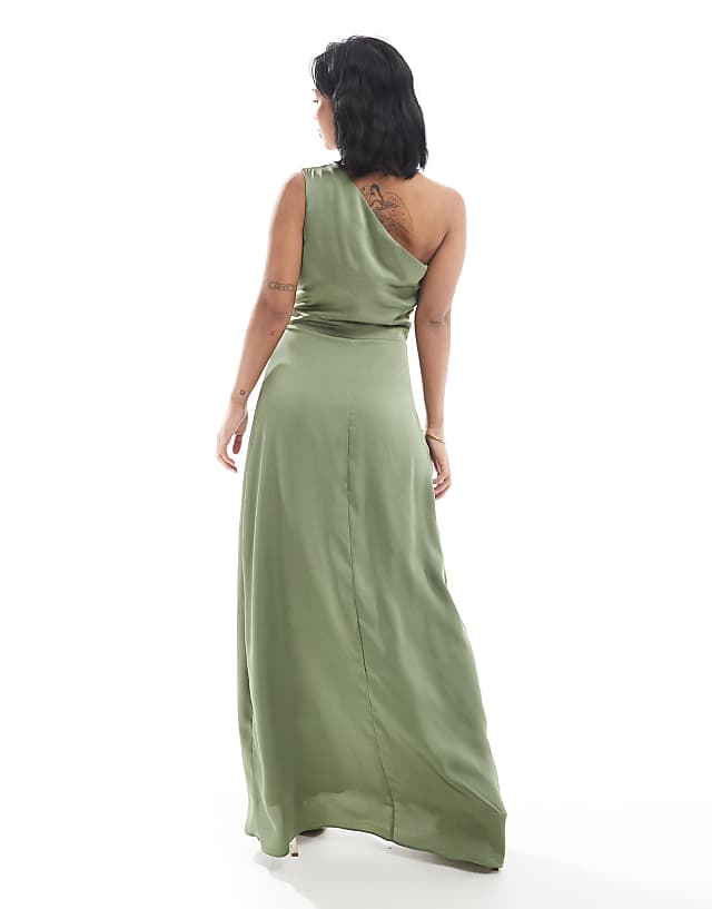 TFNC Petite Bridesmaid One Shoulder Satin Maxi Dress With Wrap Skirt In Dark Green