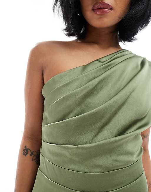 TFNC Petite Bridesmaid One Shoulder Satin Maxi Dress With Wrap Skirt In Dark Green