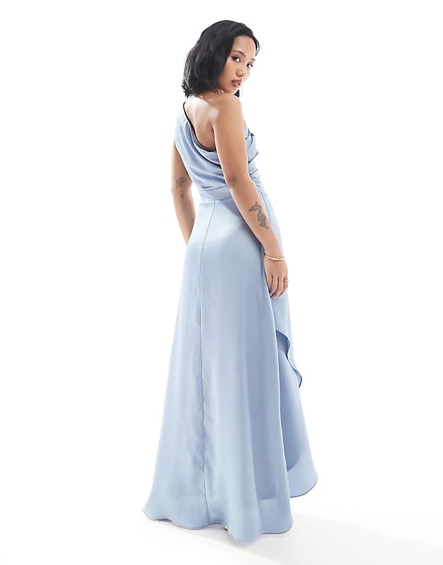 TFNC Petite Bridesmaid One Shoulder Satin Maxi Dress With Wrap Skirt In Dusty Blue