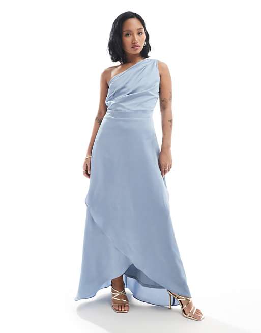 TFNC Petite Bridesmaid one shoulder satin maxi dress with wrap skirt in dusty blue