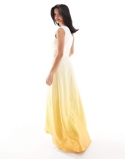 TFNC Petite Bridesmaid One Shoulder Satin Maxi Dress With Wrap Skirt In Lemon