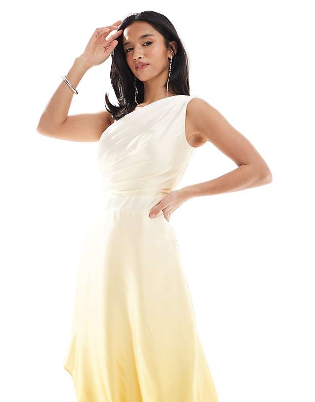 TFNC Petite Bridesmaid One Shoulder Satin Maxi Dress With Wrap Skirt In Lemon