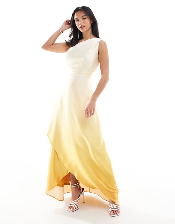 TFNC Petite Bridesmaid One Shoulder Satin Maxi Dress With Wrap Skirt In Lemon