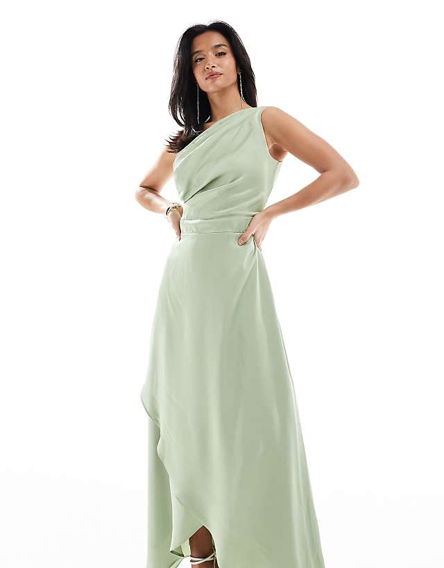 TFNC Petite Bridesmaid One Shoulder Satin Maxi Dress With Wrap Skirt In Sage Green