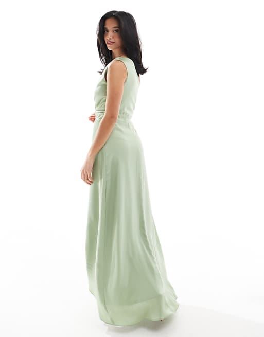 TFNC Petite Bridesmaid One Shoulder Satin Maxi Dress With Wrap Skirt In Sage Green