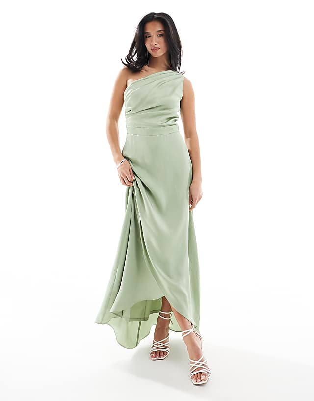 TFNC Petite Bridesmaid One Shoulder Satin Maxi Dress With Wrap Skirt In Sage Green