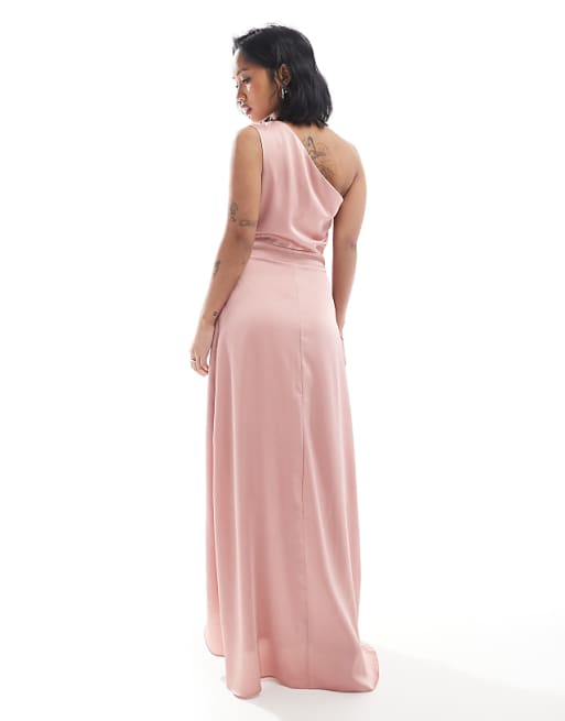 TFNC Petite Bridesmaid One Shoulder Satin Maxi Dress With Wrap Skirt In Dusky Pink