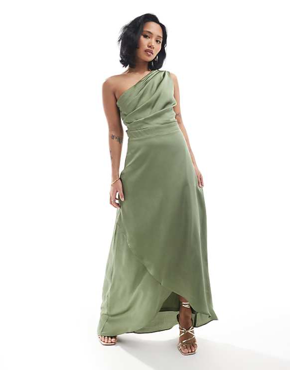 TFNC Petite Bridesmaid one shoulder satin maxi dress with wrap skirt in dark green