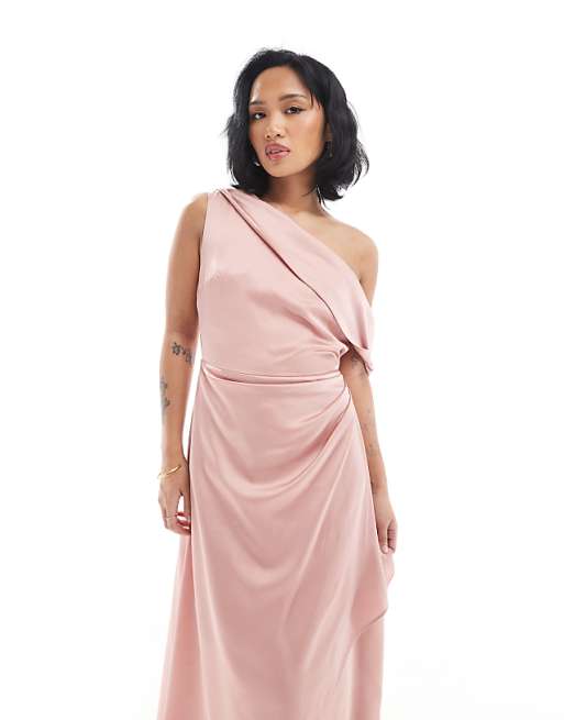 TFNC Petite Bridesmaid Satin Fallen Shoulder Maxi Dress With Wrap Skirt In Dusky Pink