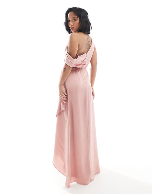 TFNC Petite Bridesmaid Satin Fallen Shoulder Maxi Dress With Wrap Skirt In Dusky Pink