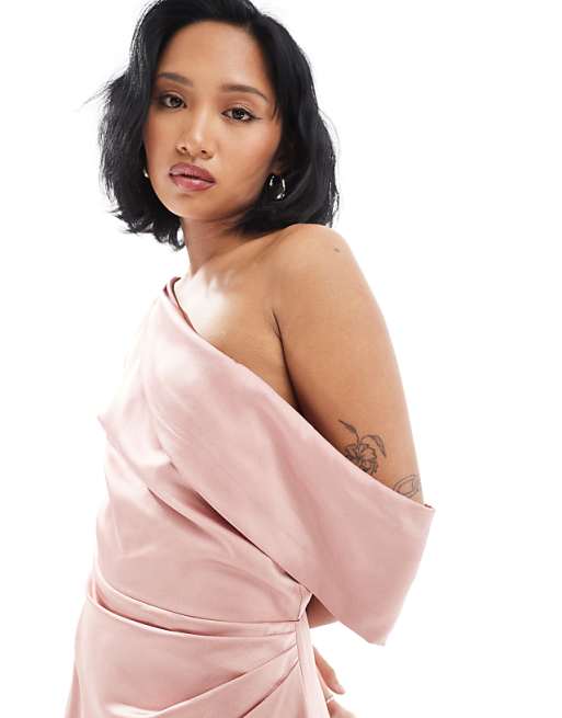 TFNC Petite Bridesmaid Satin Fallen Shoulder Maxi Dress With Wrap Skirt In Dusky Pink