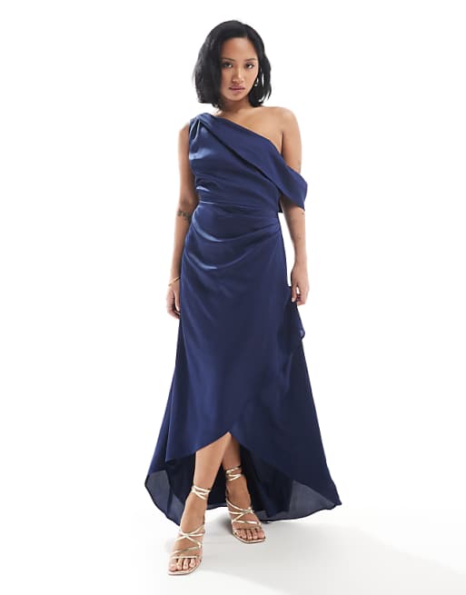TFNC Petite Bridesmaid satin fallen shoulder maxi dress with wrap skirt in navy
