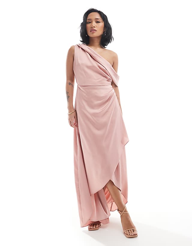 TFNC Petite Bridesmaid satin fallen shoulder maxi dress with wrap skirt in dusky pink