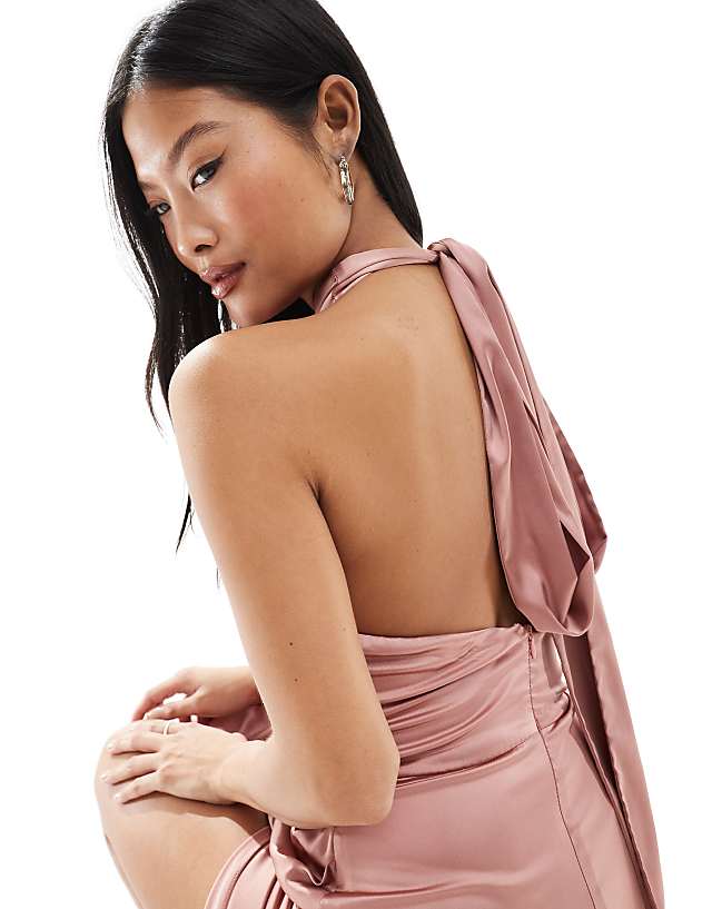 TFNC Petite Bridesmaid Satin High Neck Maxi Dress With Bow Back In Dusky Pink