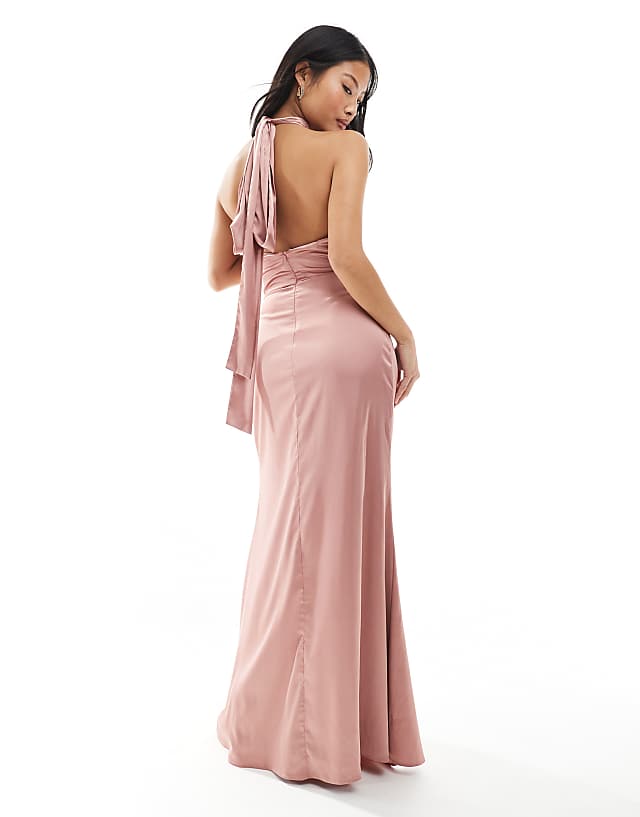 TFNC Petite Bridesmaid Satin High Neck Maxi Dress With Bow Back In Dusky Pink