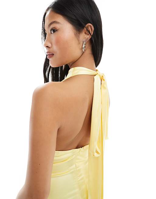 TFNC Petite Bridesmaid Satin High Neck Maxi Dress With Bow Back In Lemon