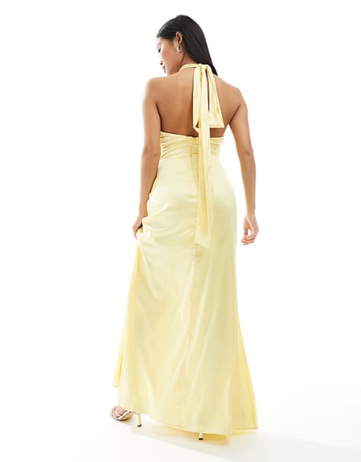 TFNC Petite Bridesmaid Satin High Neck Maxi Dress With Bow Back In Lemon