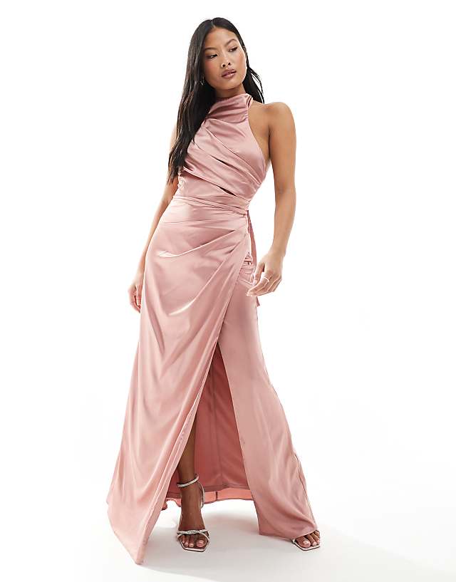 TFNC Petite Bridesmaid Satin High Neck Maxi Dress With Bow Back In Dusky Pink