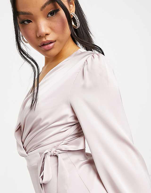 TFNC Petite Bridesmaid Satin Long Sleeve Wrap Front Mini Dress In Mink