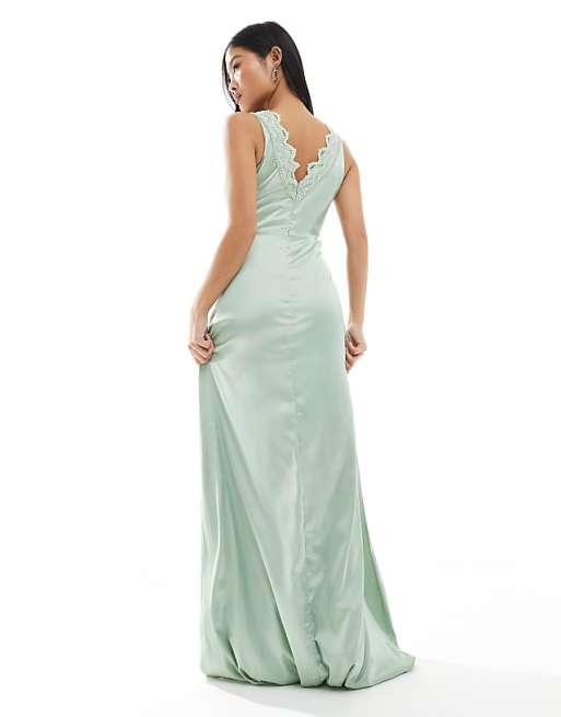 TFNC Petite Bridesmaid Satin Maxi Dress With Scalloped Lace Detail In Sage