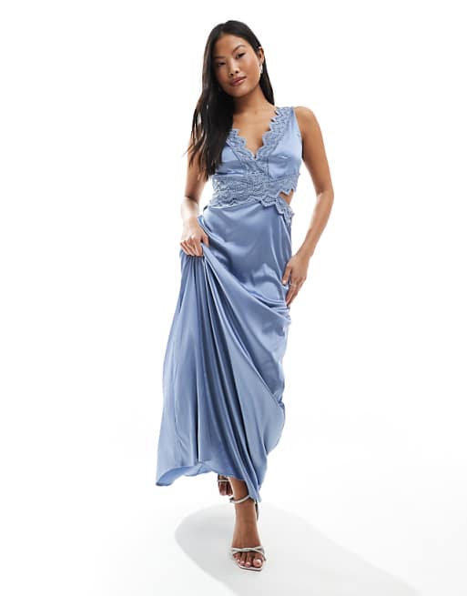 TFNC Petite Bridesmaid Satin Maxi Dress With Scalloped Lace Detail In Dusty Blue