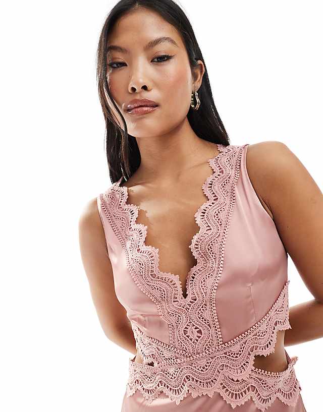 TFNC Petite Bridesmaid Satin Maxi Dress With Scalloped Lace Detail In Dusky Pink