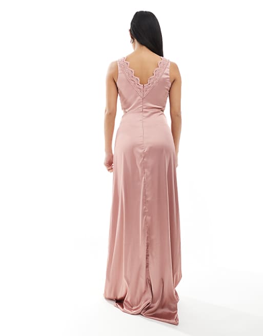 TFNC Petite Bridesmaid Satin Maxi Dress With Scalloped Lace Detail In Dusky Pink