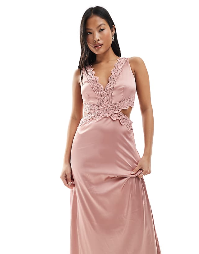 TFNC Petite Bridesmaid Satin Maxi Dress With Scalloped Lace Detail In Dusky Pink