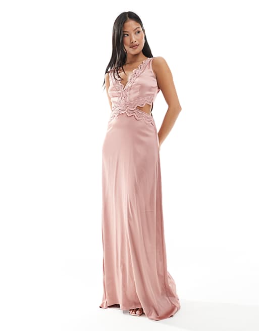 TFNC Petite Bridesmaid satin maxi dress with scalloped lace detail in dusky pink