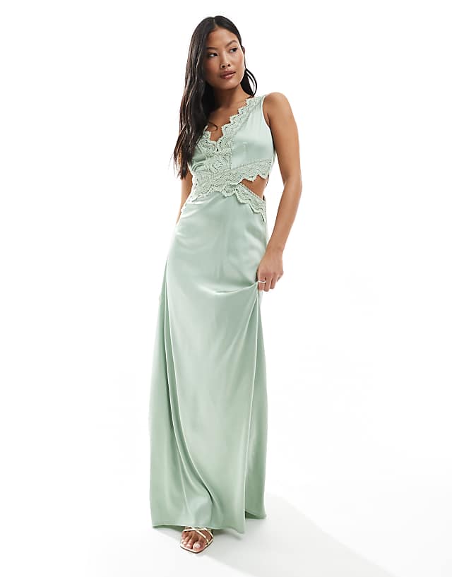 TFNC Petite Bridesmaid Satin Maxi Dress With Scalloped Lace Detail In Sage