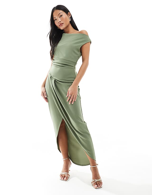 TFNC Petite Bridesmaid slash neck maxi dress with ruching detail in dark green