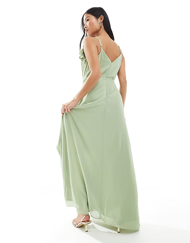 TFNC Petite Bridesmaid Wrap Front Chiffon Maxi Dress With Frill Detail And Split In Sage