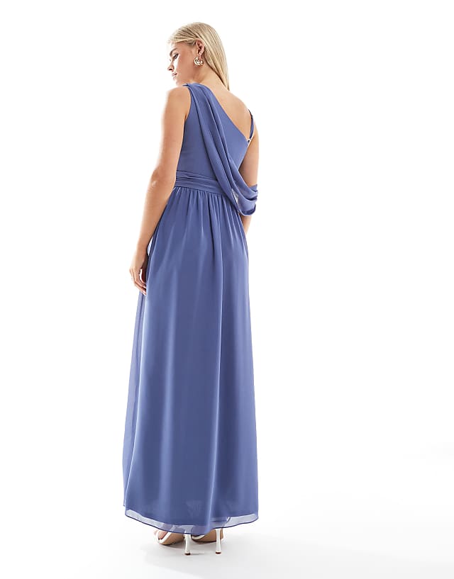 TFNC Petite Bridesmaids Asymmetric Maxi Dress With Drape Back In Dusky Blue