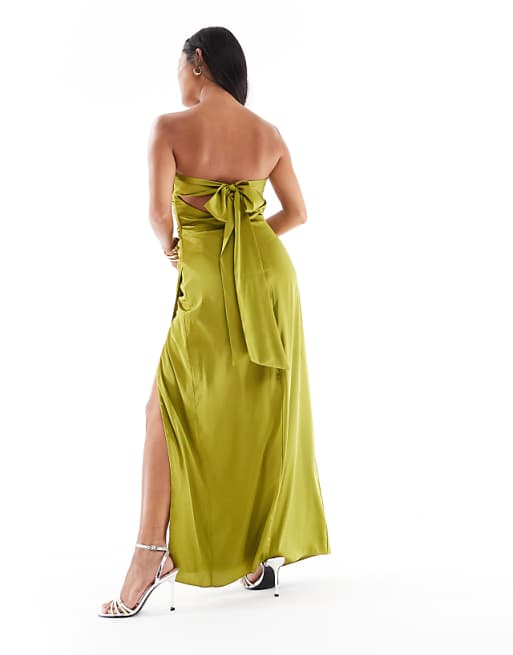 TFNC Petite Bridesmaids Bandeau Satin Maxi Dress With Tie Back In Olive