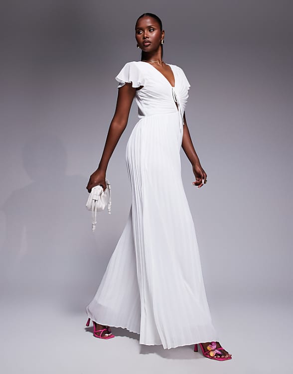 TFNC pleated wide leg jumpsuit with keyhole detail in cream