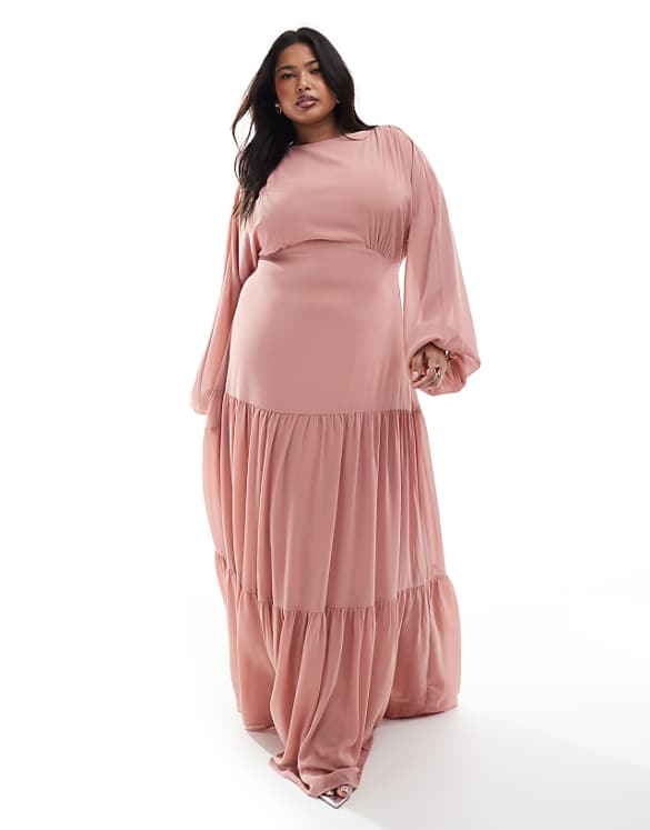 TFNC Plus Bridesmaid chiffon maxi dress with tiered skirt in dusky pink