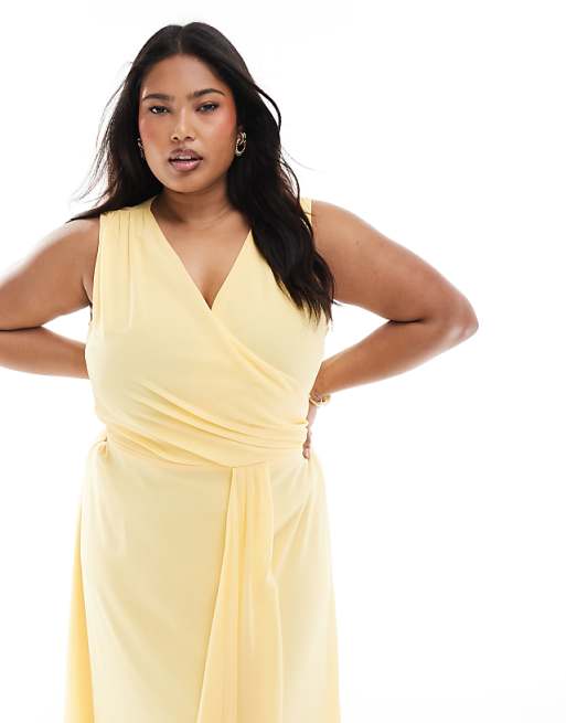TFNC Plus Bridesmaid Chiffon Wrap Front Maxi Dress In Lemon