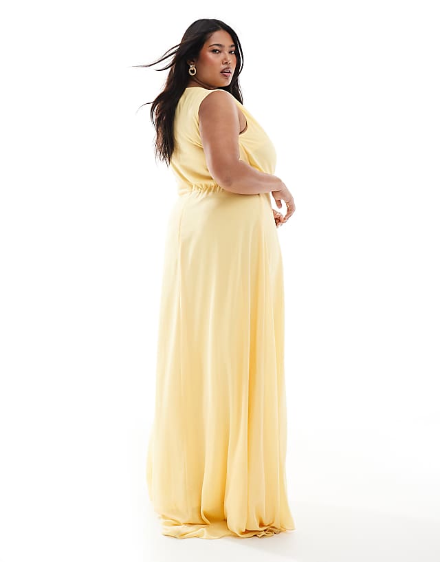 TFNC Plus Bridesmaid Chiffon Wrap Front Maxi Dress In Lemon