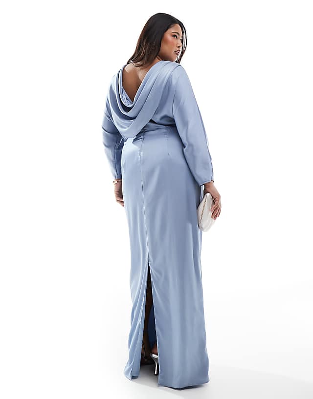 TFNC Plus Bridesmaid cowl back maxi dress in dusty blue